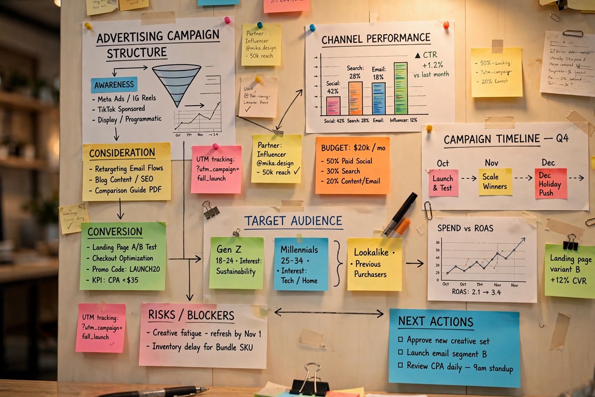 Office wall with sticky notes and charts mapping a campaign structure