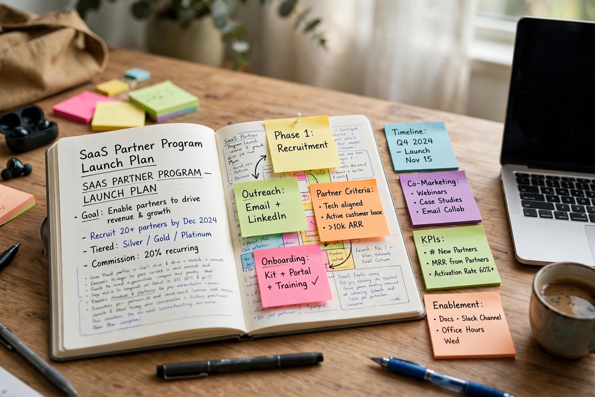 Notebook and sticky notes mapping a SaaS partner program launch plan