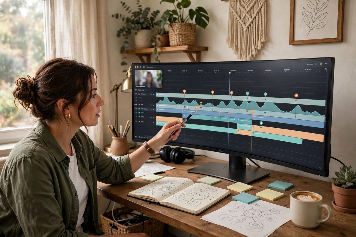 Marketer highlighting key moments in a webinar timeline to structure a blog article