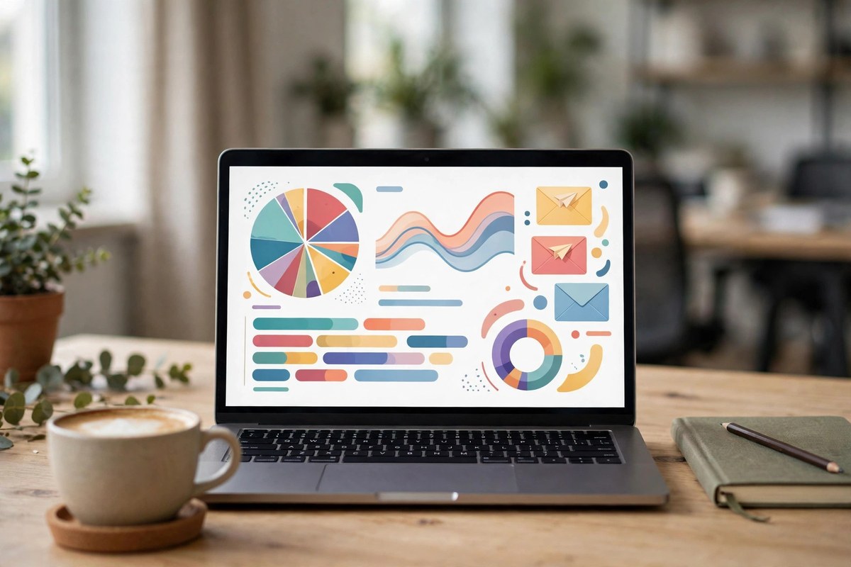 Abandoned cart email sequence examples performance dashboard with charts on a laptop in a marketing office