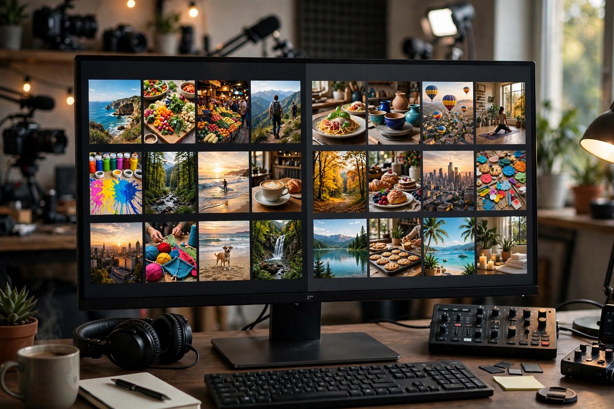 Computer monitor with a split-screen comparison of video thumbnails for production review