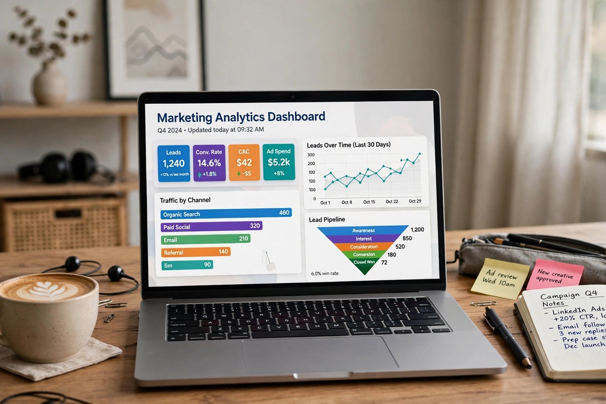 Laptop displaying a marketing analytics dashboard with leads, conversion rate and lead pipeline charts