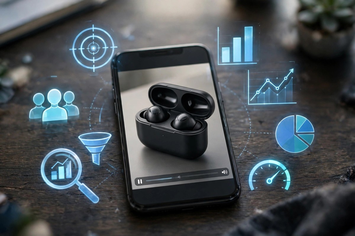 Video ad playing on a smartphone with targeting and analytics icons around it