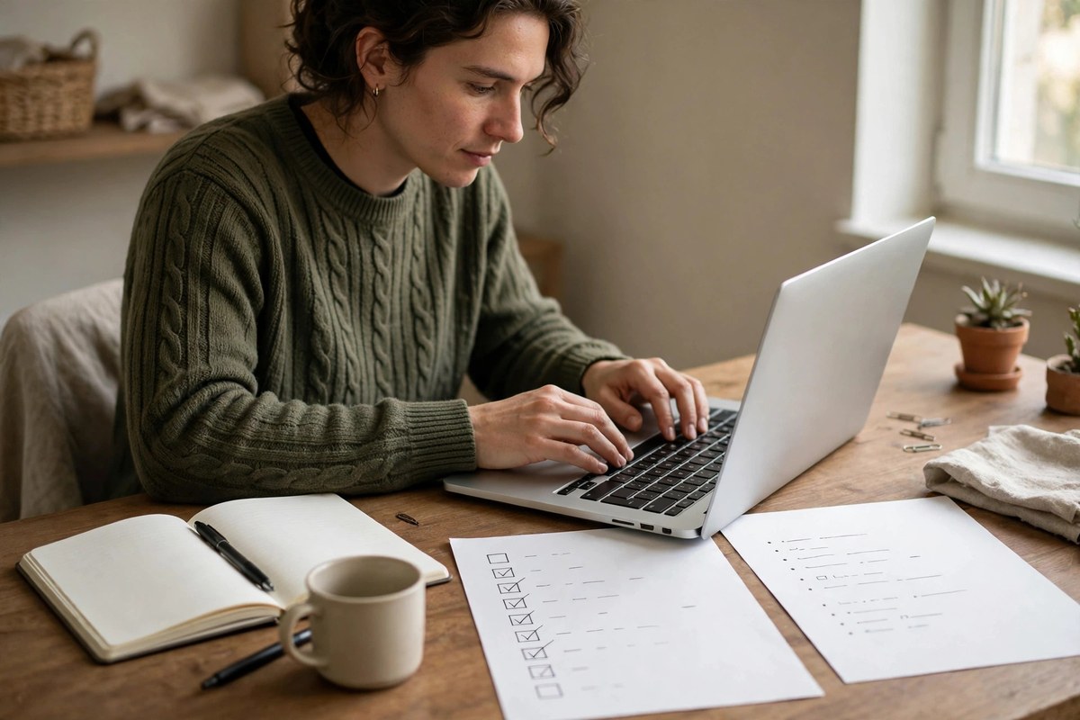 Marketer writing an email newsletter on a laptop with a planning notebook