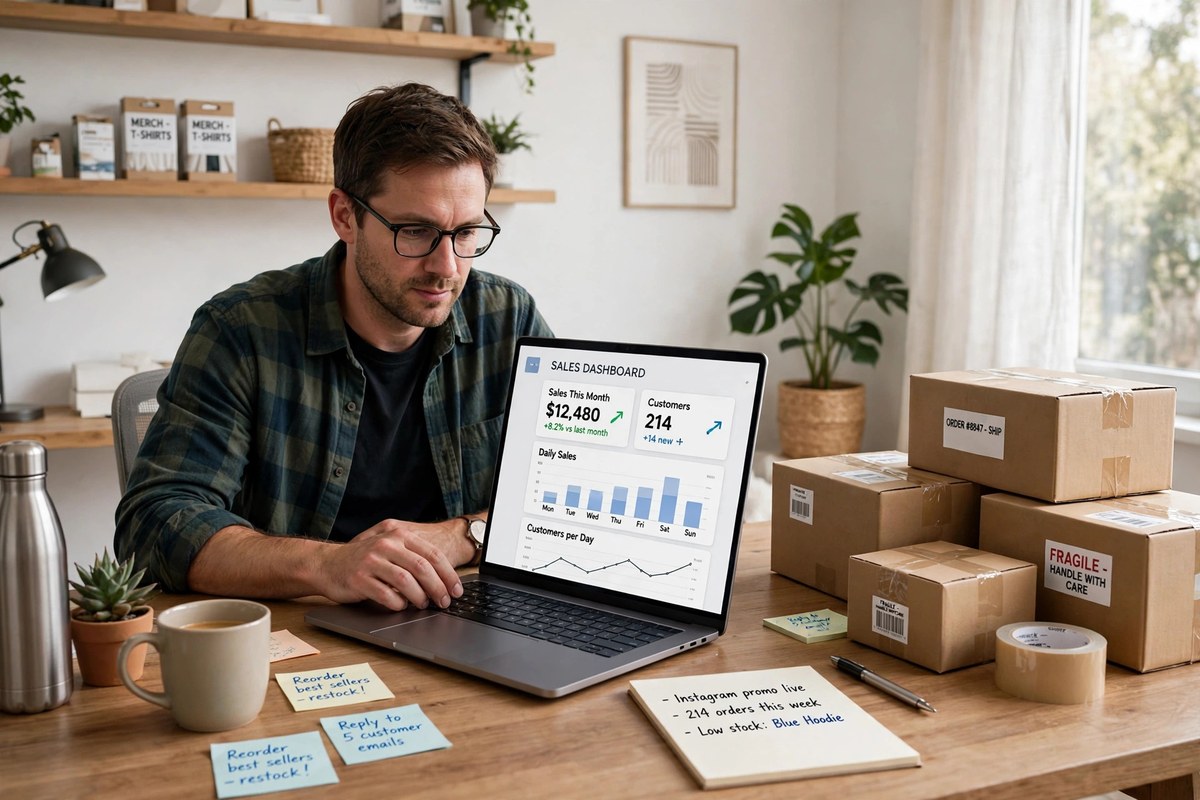 A store owner checking sales and customer numbers on a laptop dashboard