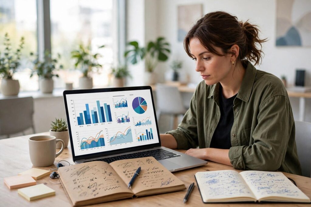 A marketer reviewing ad performance charts on a laptop with test notes beside it
