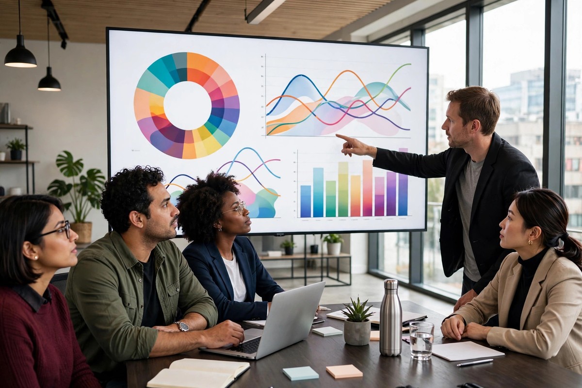 Marketing team reviewing campaign analytics on a large screen in a meeting room