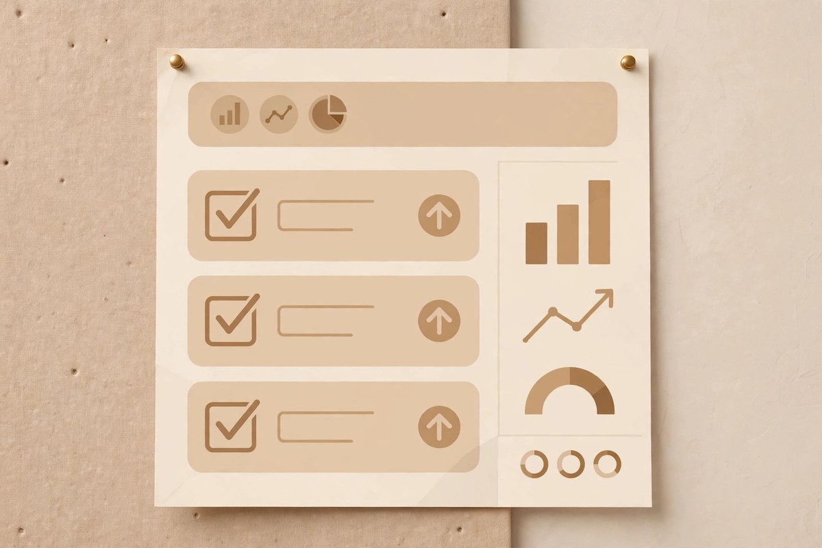 Simple monthly marketing dashboard checklist pinned on a modern office wall with checkmarks