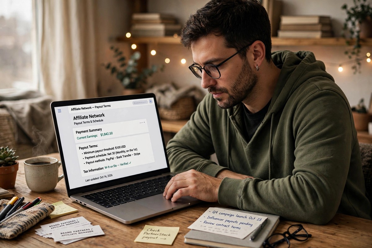 Entrepreneur checking affiliate network payout terms on a laptop