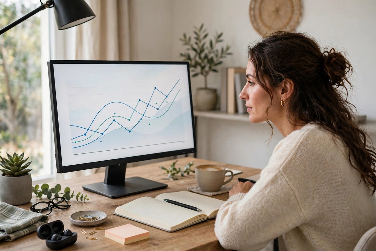 Blogger checking Google search rankings for a repurposed webinar article on a monitor