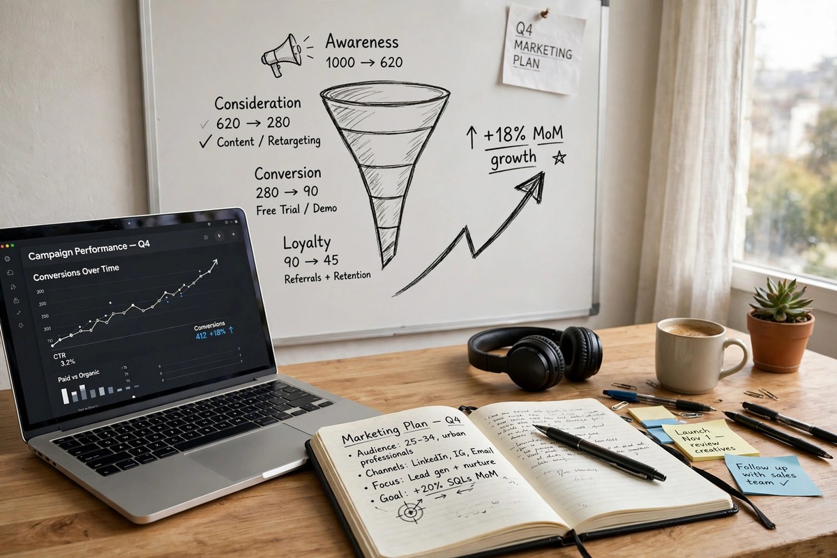 Marketing workspace with laptop, notebook and hand-drawn conversion funnel sketch on a whiteboard