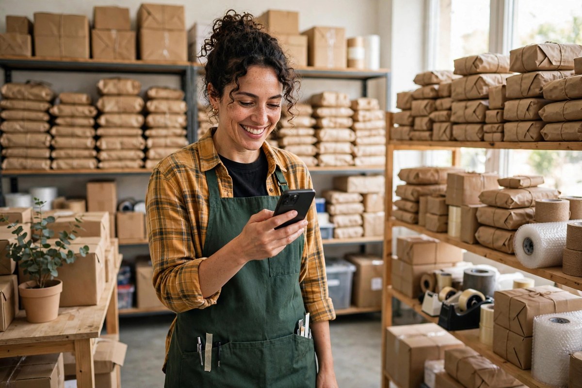 Small business owner smiling at a recovered order notification on a smartphone in a stockroom